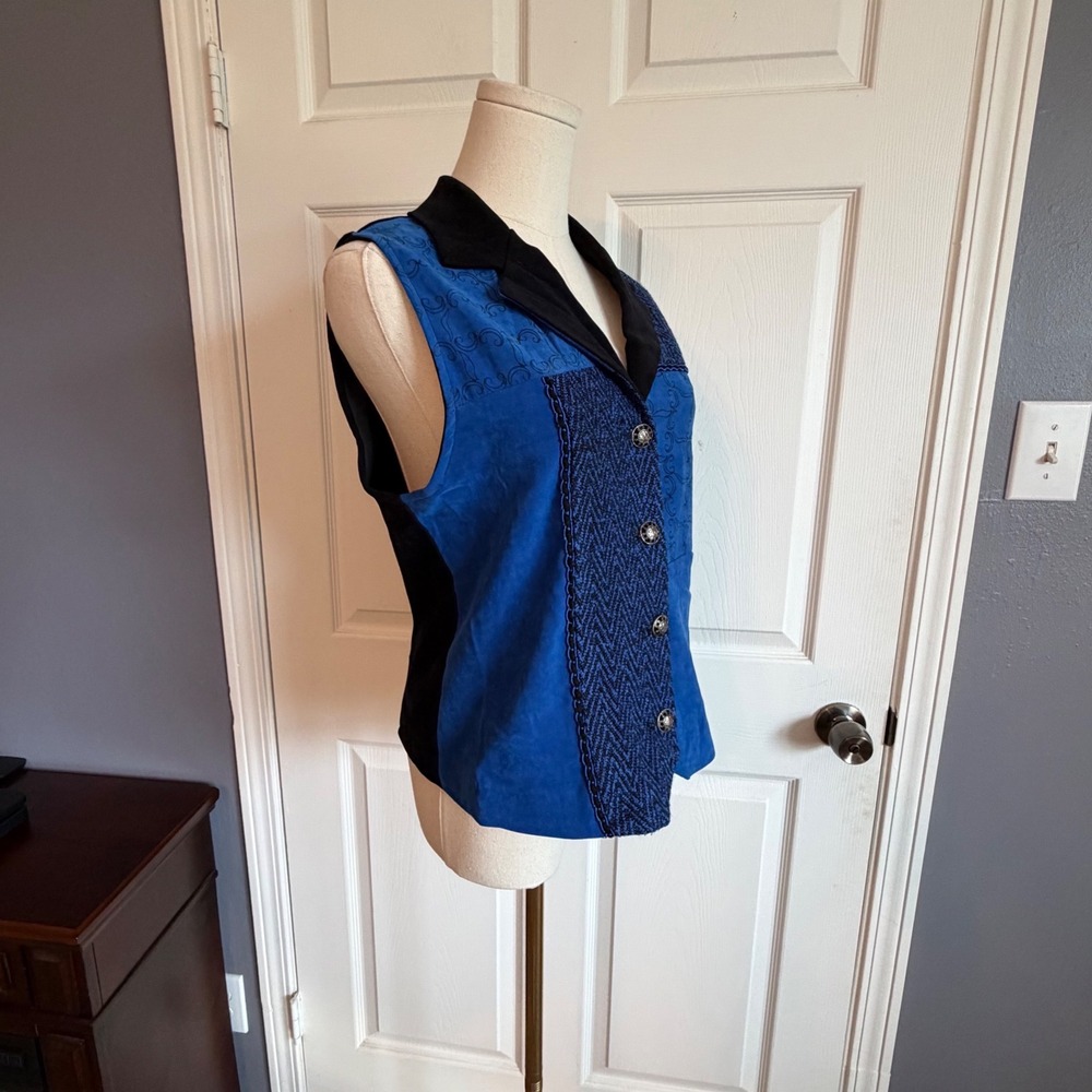 Sisko VTG Blue Black Patchwork Embroidered Button Front Vest Ornate Buttons S - Picture 3 of 10